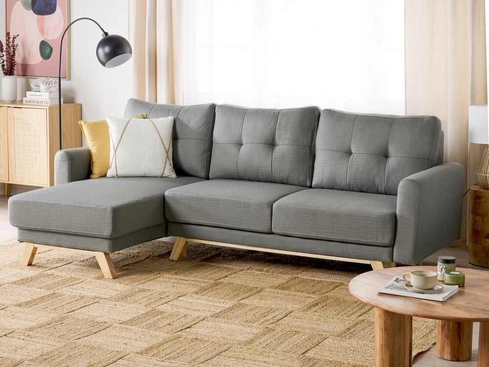 Divano angolare 3 posti destro imbottito in tessuto beige con funzione di dormiente e schienale imbottito estraibile Gambe in legno