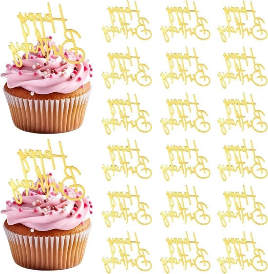 Decorazioni da Cupcake in Acrilico Giallo con Tema di Compleanno - Set da 20 Pezzi