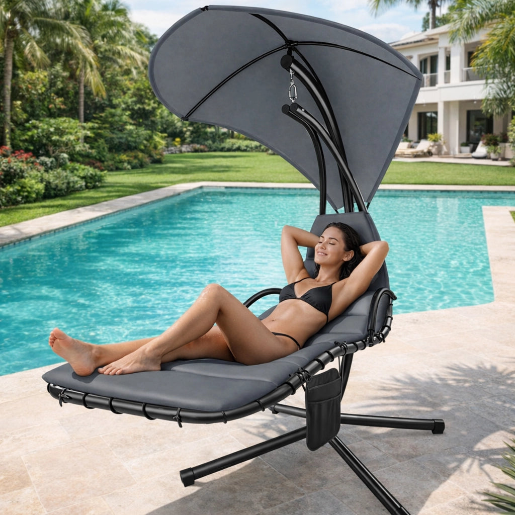 Sdraio A Sospensione Con Ombrellone Grigio E Cuscino Ergonomico Amaca Da Giardino In Poliestere Resistente Per Arredamento Esterno Terrazzo Bordo Piscina Formato 195x132x197 Cm