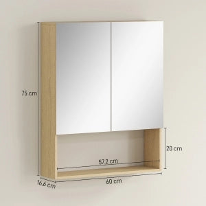 Specchio armadio da bagno a parete con ripiani aperti, finitura effetto rovere, 60 x 16,6 x 75 cm