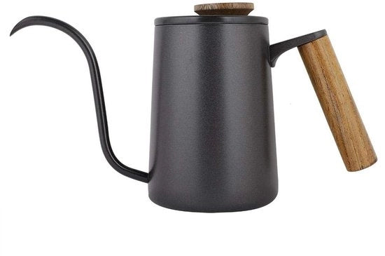 Caffettiera 600 ml - Acciaio Inossidabile - Lungo Becco di Gatto - Manico in Legno - Resistente al Fuoco - Fori di Aerazione per Termometro - Bollitore d'Acqua