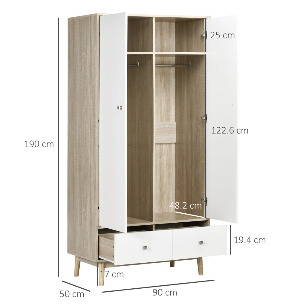 EasyComfort Armadio 2 Ante in Legno con 4 Vani, 2 Cassetti e Appendiabiti, Color Legno e Bianco, 90x50x190cm