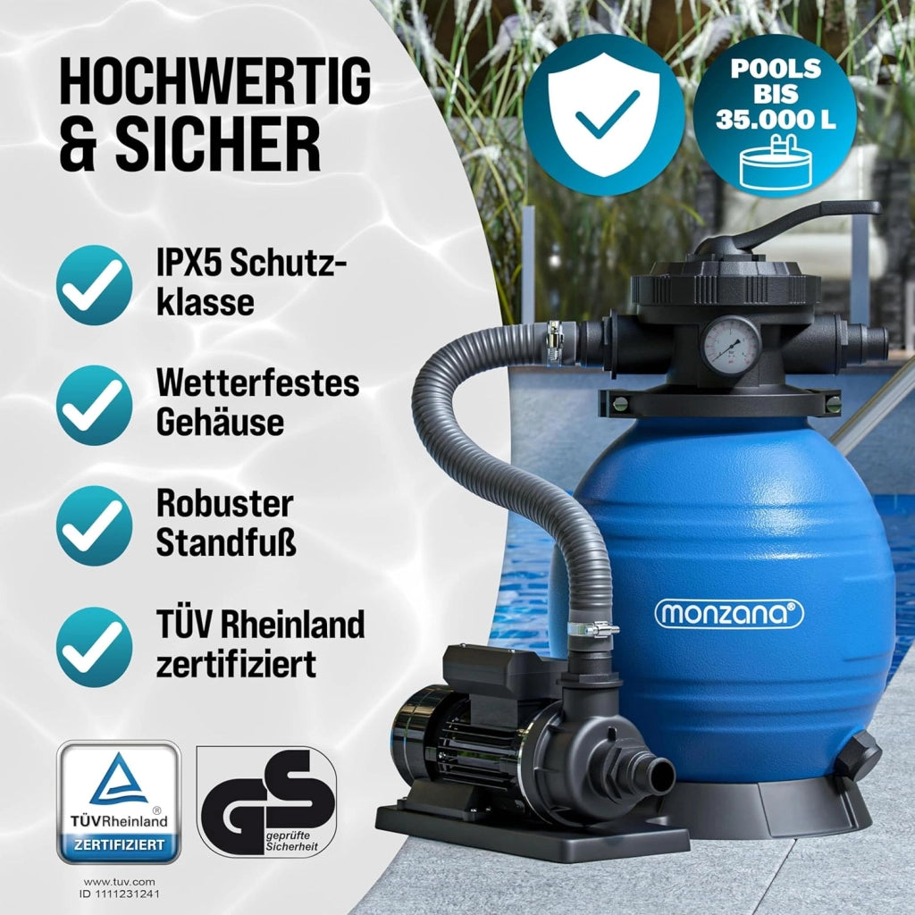® Filtro Acqua per Piscina SF12K 10.200 L/h Fino a 35.000L Vetro Filtrante Incl. Valvola a 7 Vie Adattatore 2in1 Ø32-38mm Pompa di Filtraggio 450W Filtri Piscine Fuori Terra Pompe Filtranti