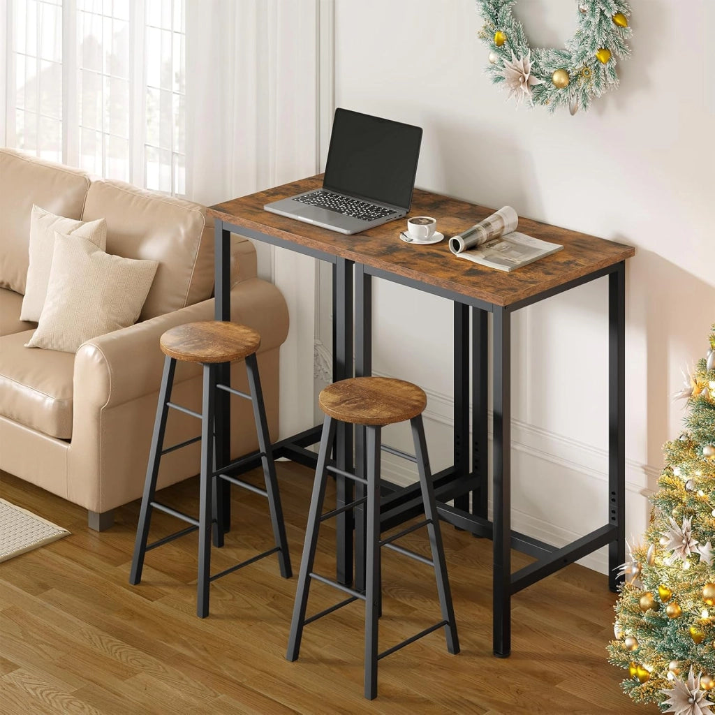 Set Mobili da Bar Tavolo con 2 Sgabelli Alti Arredo per Cucina in Acciaio Legno, Tavolo Cucina 60 x 60 x 100 cm, Marrone rustico + Nero