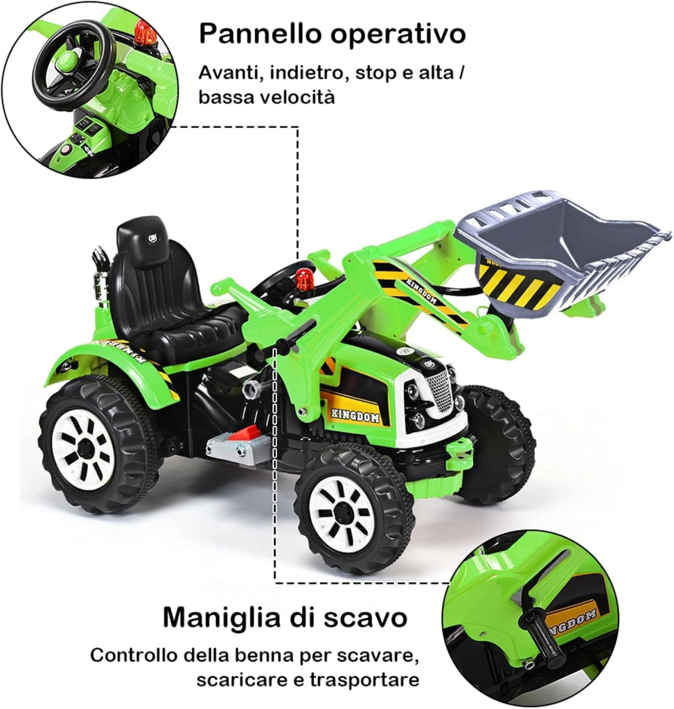 12V Veicolo di Ingegneria per Bambini, Macchina Giocattolo Grande, Escavatore Alimentato con 2 Velocità per Bambini 3-8 Anni, 149x62x74 cm (Verde)