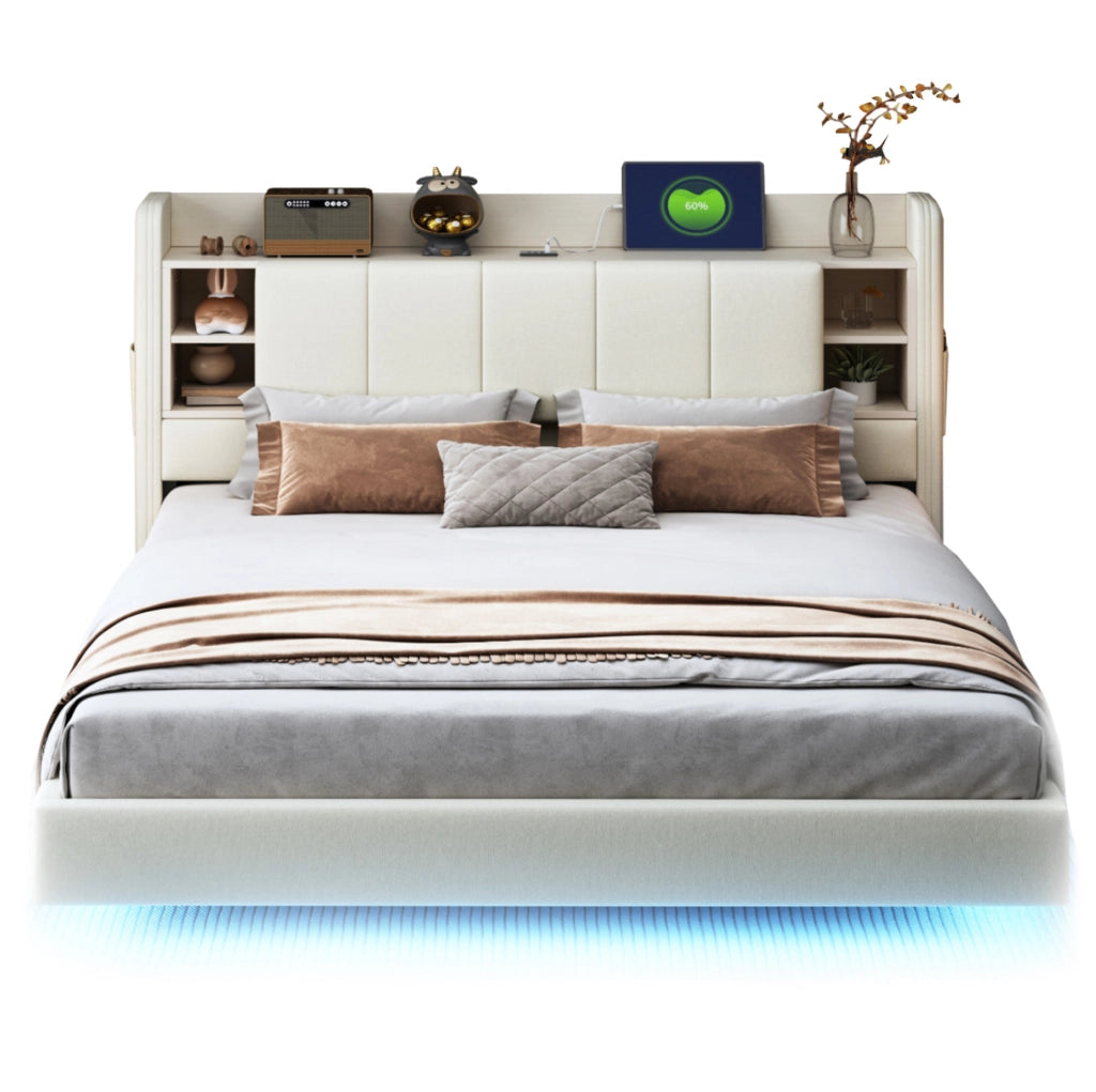 Letto matrimoniale imbottito 140x200 cm beige con LED; porta USB e contenitore nel testiera