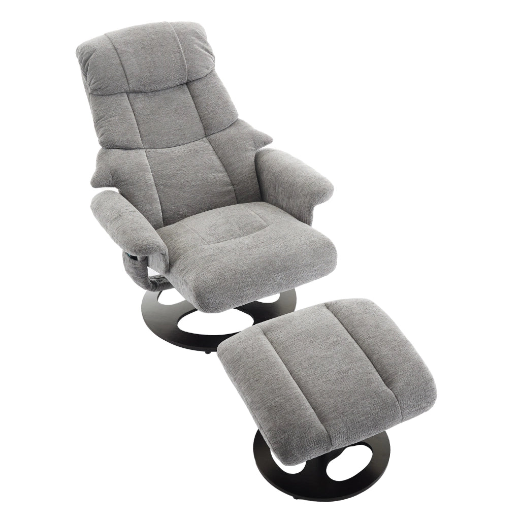 Poltrona relax massaggiante girevole con riscaldamento e poggiapiedi in chenille grigio