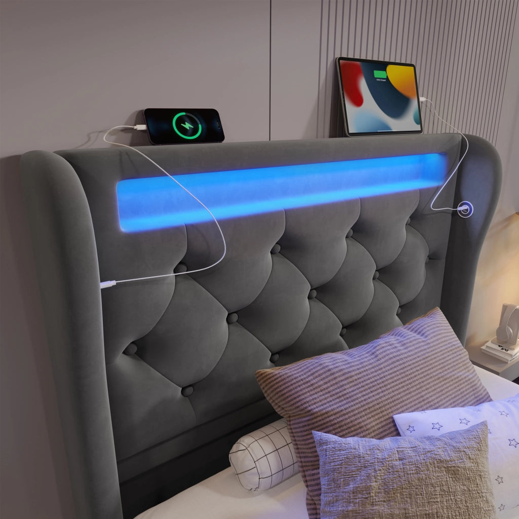 Letto singolo imbottito 90x200 cm in velluto grigio con LED, USB Type-C e contenitore idraulico