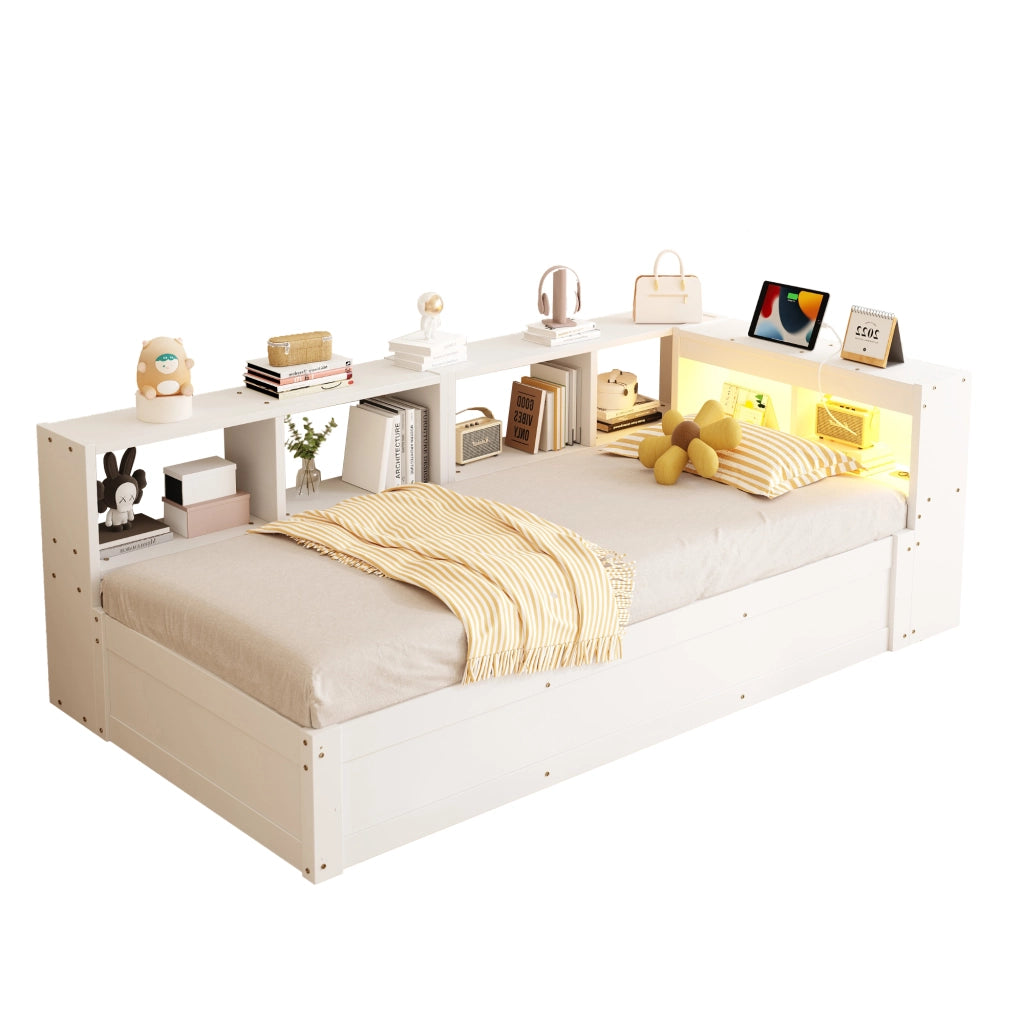 DESMIU Lit semplice 90 × 200 cm 1 posto con presa multifunzione, LED e vani portaoggetti, senza materasso, in MDF, bianco