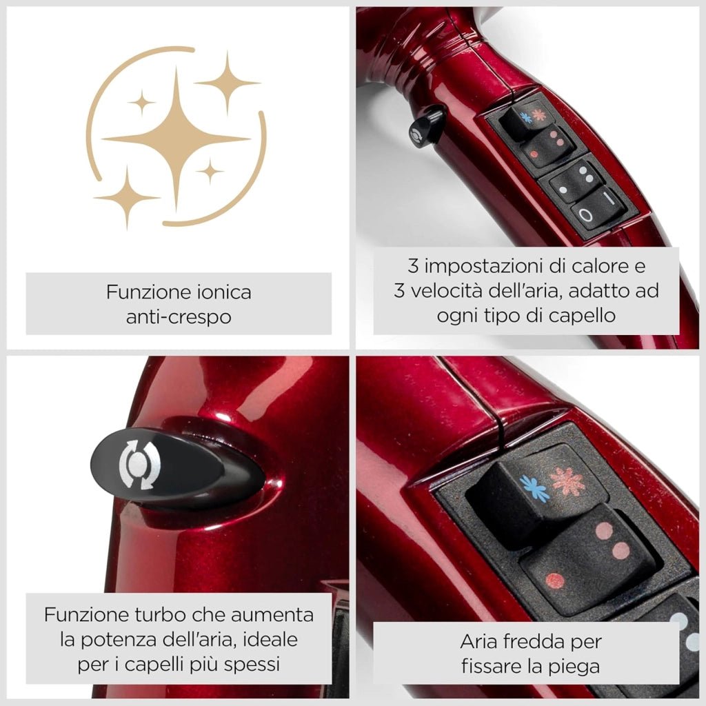 Asciugacapelli Made In Italy con Motore Digitale 2200W, Phon Capelli, asciugatura ultra-rapida, funzione ionica, 3 temperature, 4 velocità, tasto turbo, diffusore, concentratori, rosso