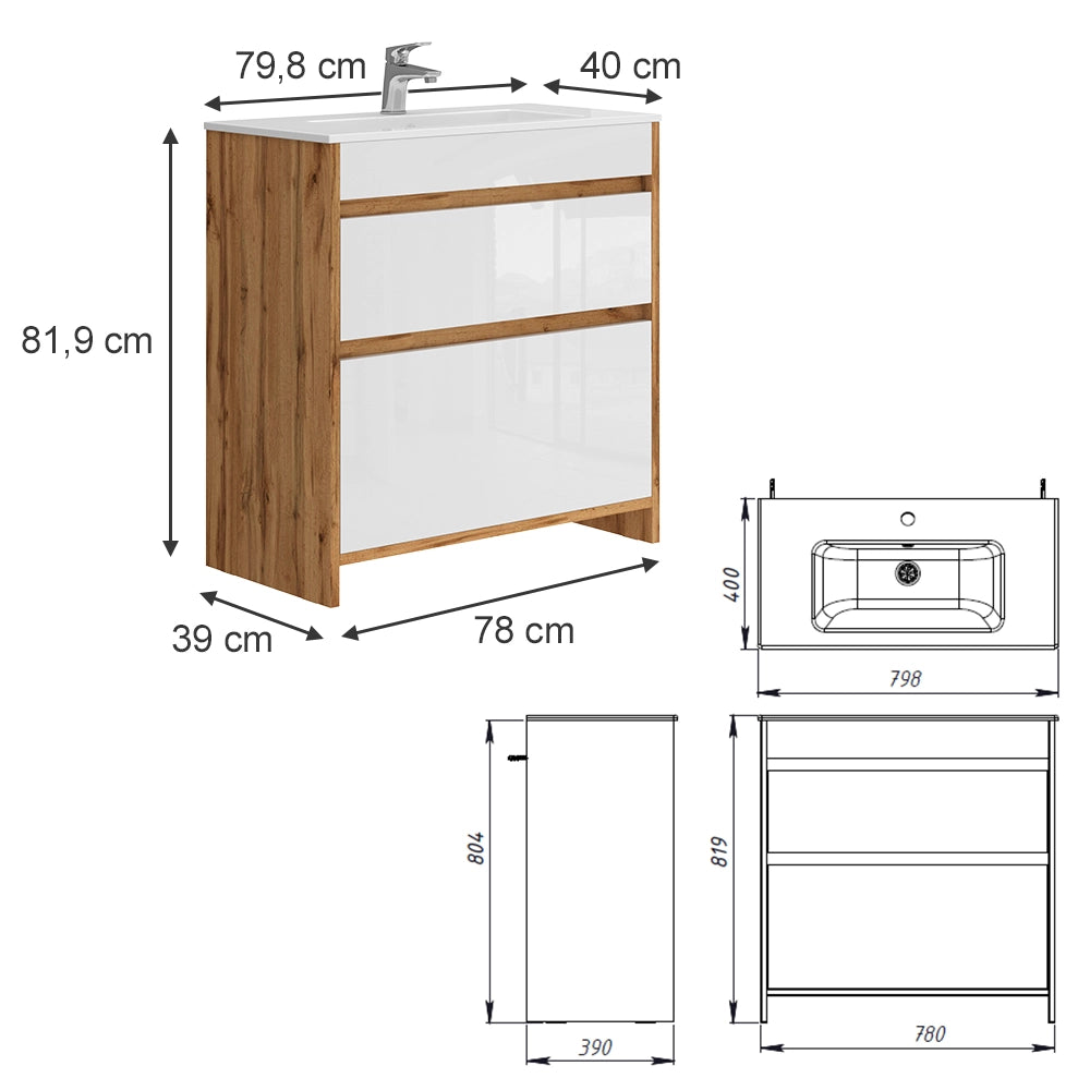 Mobiletto per lavabo Detmold Rovere dorato 2 parti, mobile base 80 cm Vicco