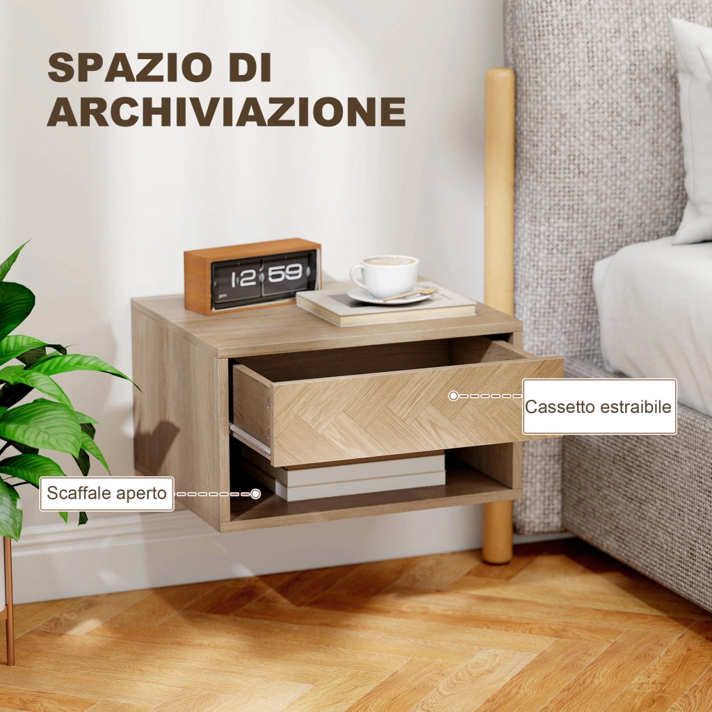 Comodini Sospesi Moderni con Cassetto e Vano Aperto ¨C zephmum ¨C Legno Naturale 37x32x21 cm