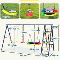 Gioco per Bambini 3-8 Anni con 3 Altalene, Scala a Corda e Canestro Basket, in Acciaio, PE e PP, 3.5x1.8x2 m