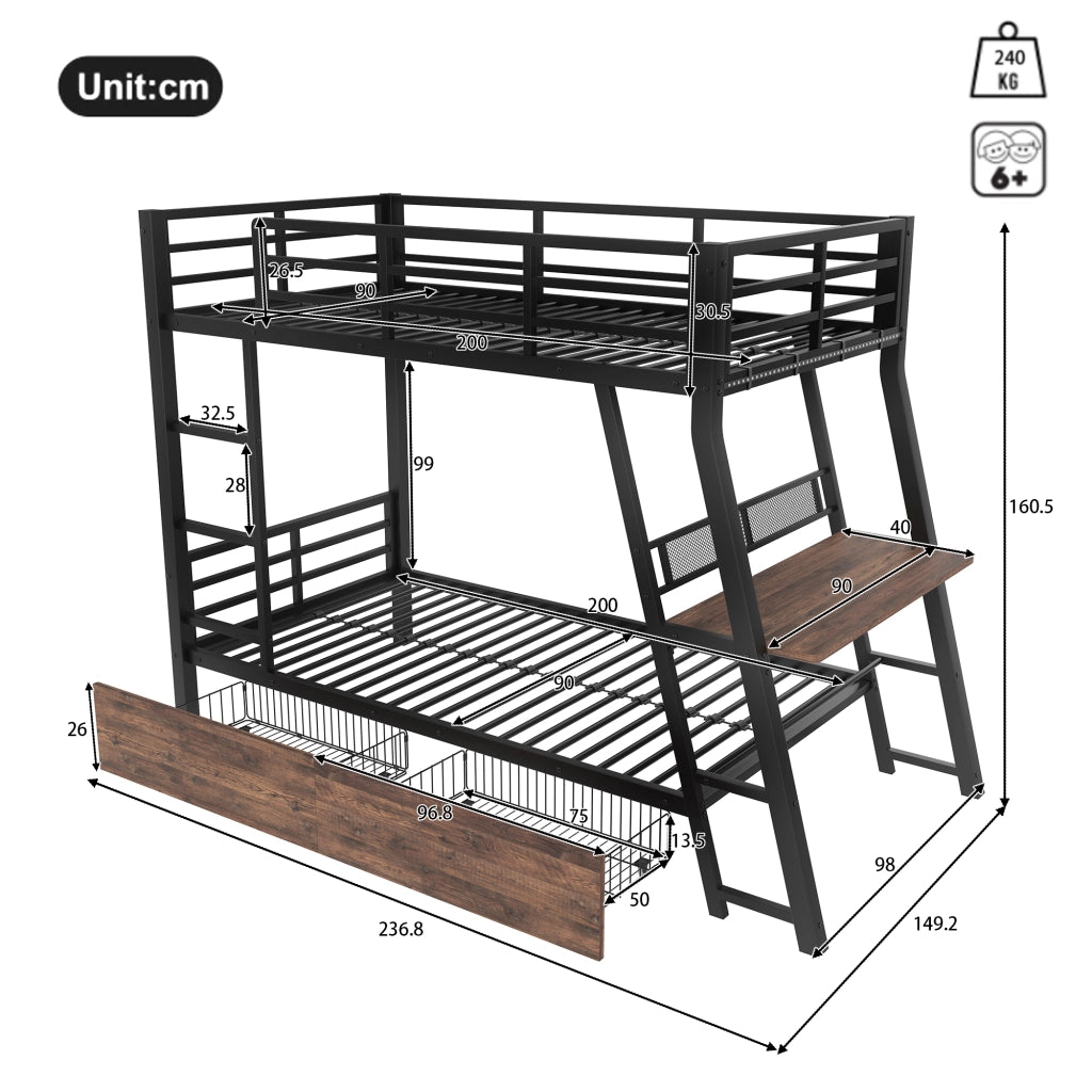 OKWISH Letto a soppalco 90×200 cm, Letto Singolo con LED Regolabile, 2 Cassetti, Scrivania e Scala, senza Materasso, in Metallo, Nero