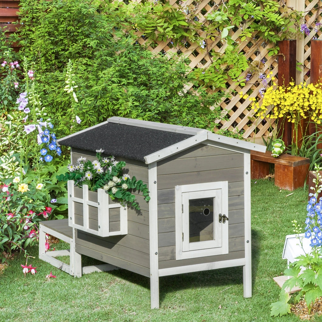 Casetta per Gatti in Legno con Terrazza ¨C zephmum ¨C Grigio+Bianco 115x66.5x74.7 cm