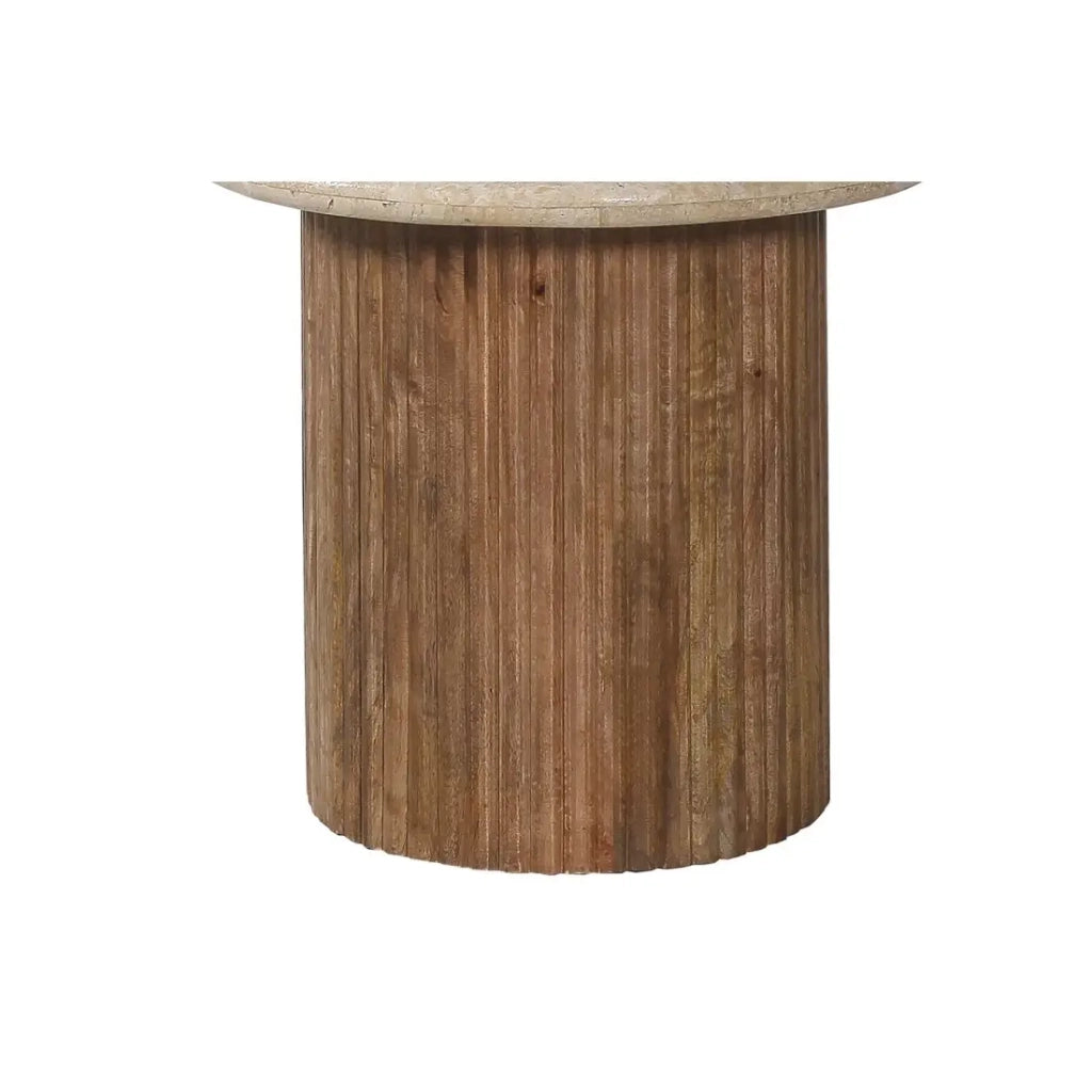 Tavolino MAELORA – Tavolino rotondo Ø50 cm – Legno di mango & travertino – Design naturale ed elegante