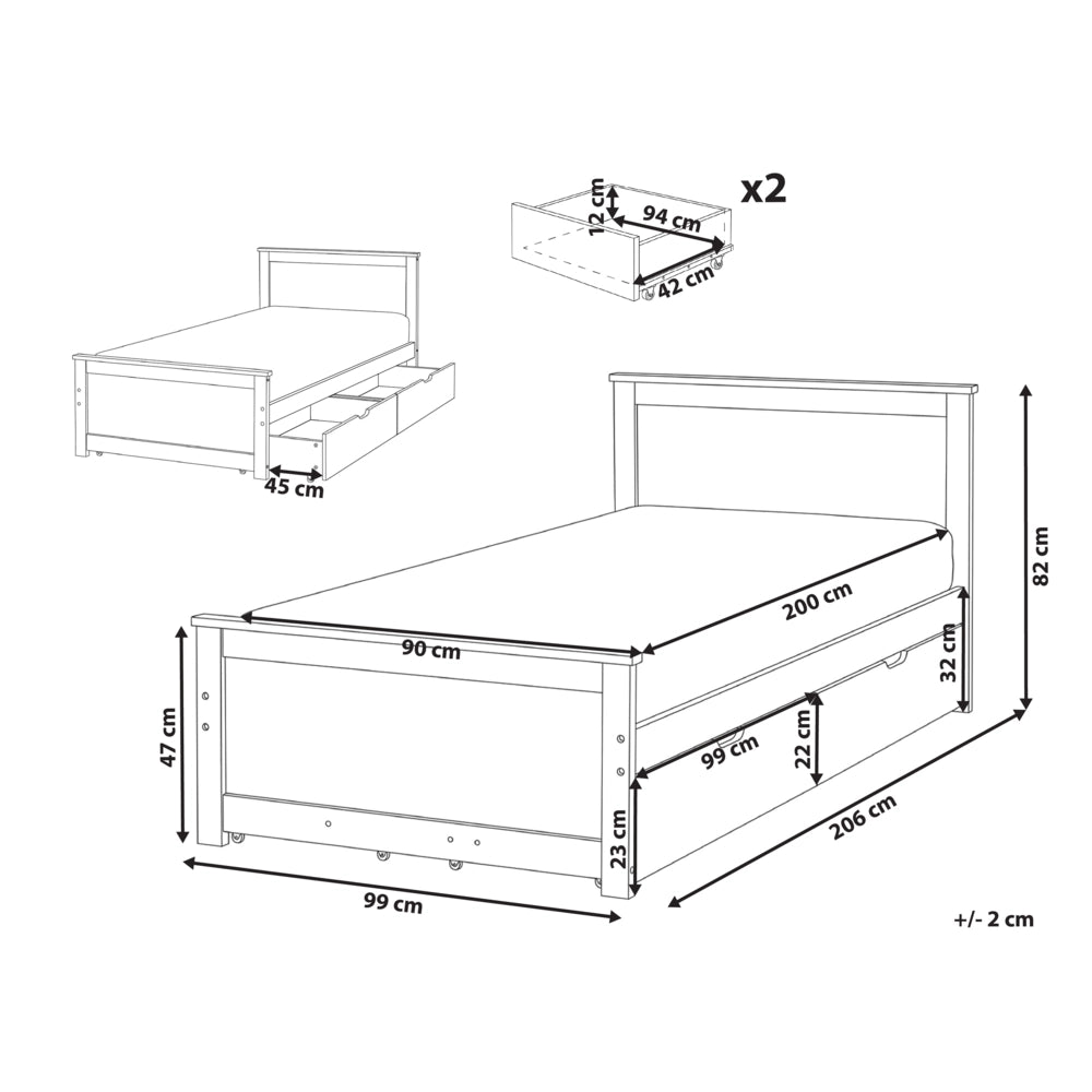 Letto singolo con 2 cassetti in legno di pino marrone naturale 90 x 200 cm in stile scandinavo