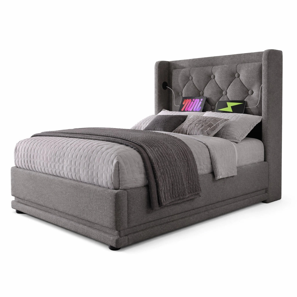 Letto singolo imbottito 90x200 cm con contenitore; testiera con USB e LED; grigio in cotone