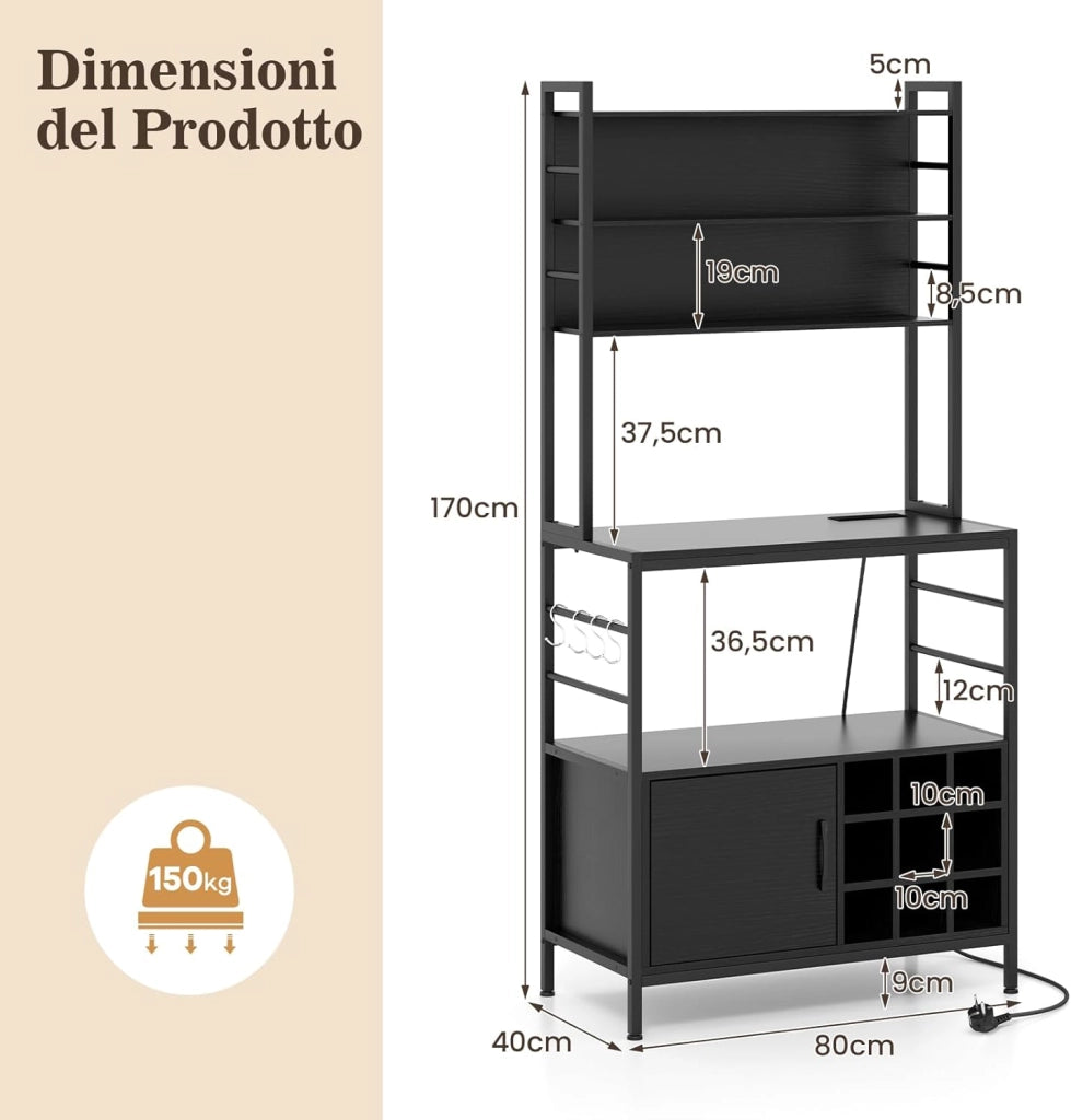 Scaffale da Cucina con Multipresa, Scaffale per Microonde su 5 Ripiani, Mensola da Cucina con 4 Ganci e 9 Portabottiglie di Vino per Sala Pranzo, 107 x 37 x 160 cm (Nero)