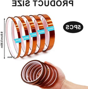 Set di Nastro di Polimide Kapton 5 pezzi - Film di Polimide Resistente al Calore (3mm/6mm/8mm/10mm/12mm x 33m) - Elettronica e Auto - Alta Temperatura.