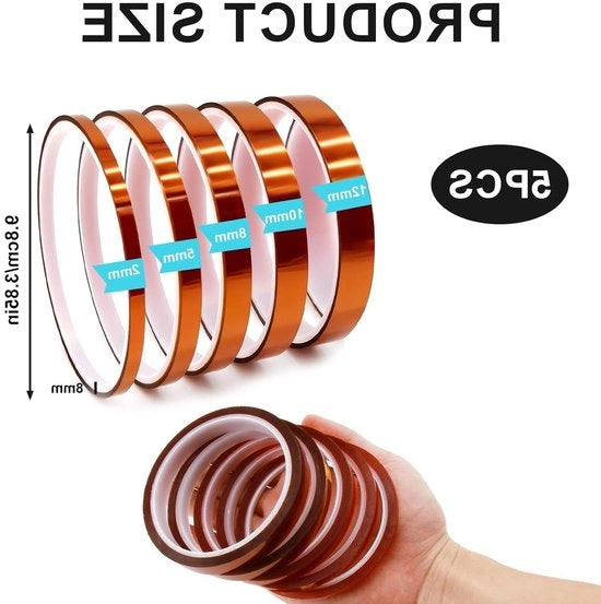 Set di Nastro di Polimide Kapton 5 pezzi - Film di Polimide Resistente al Calore (3mm/6mm/8mm/10mm/12mm x 33m) - Elettronica e Auto - Alta Temperatura.