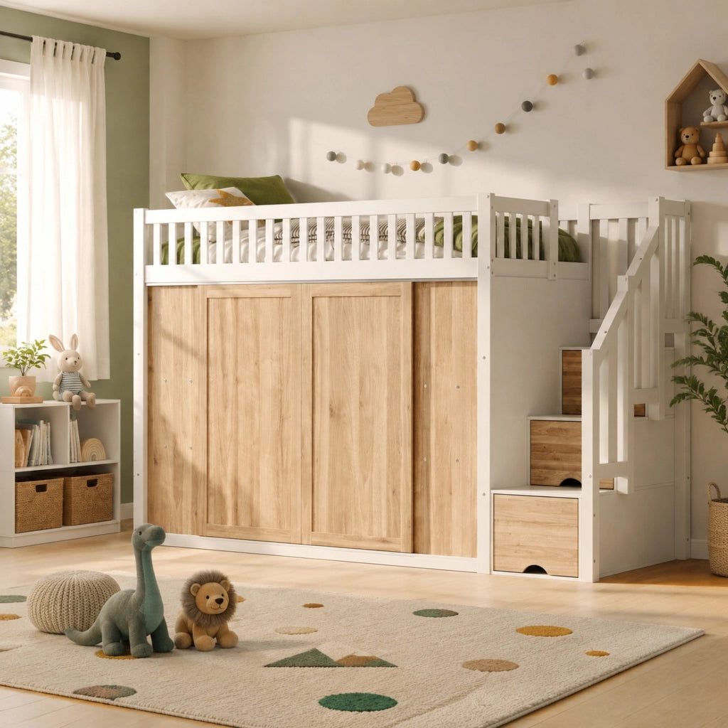 DESMIU Letto a soppalco per bambini 1 posto con armadio, scala contenitore e LED 90 × 200 cm, senza materasso