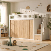 DESMIU Letto a soppalco per bambini 1 posto con armadio, scala contenitore e LED 90 × 200 cm, senza materasso