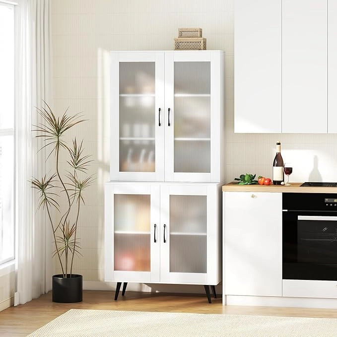Credenza da Cucina Salvaspazio, Armadio Dispensa con 4 Ante Trasparenti, Ripiano Regolabile e Gambe in Metallo, Mobiletto Alto per Soggiorno e Sala da Pranzo, 80 x 40 x 178,5 cm (Bianco)