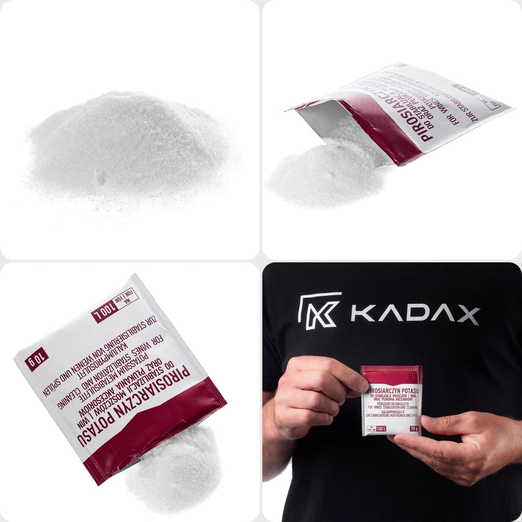 KADAX Metabisolfito di potassio 10 g per la pulizia, il lavaggio e la disinfezione di bottiglie e contenitori.
