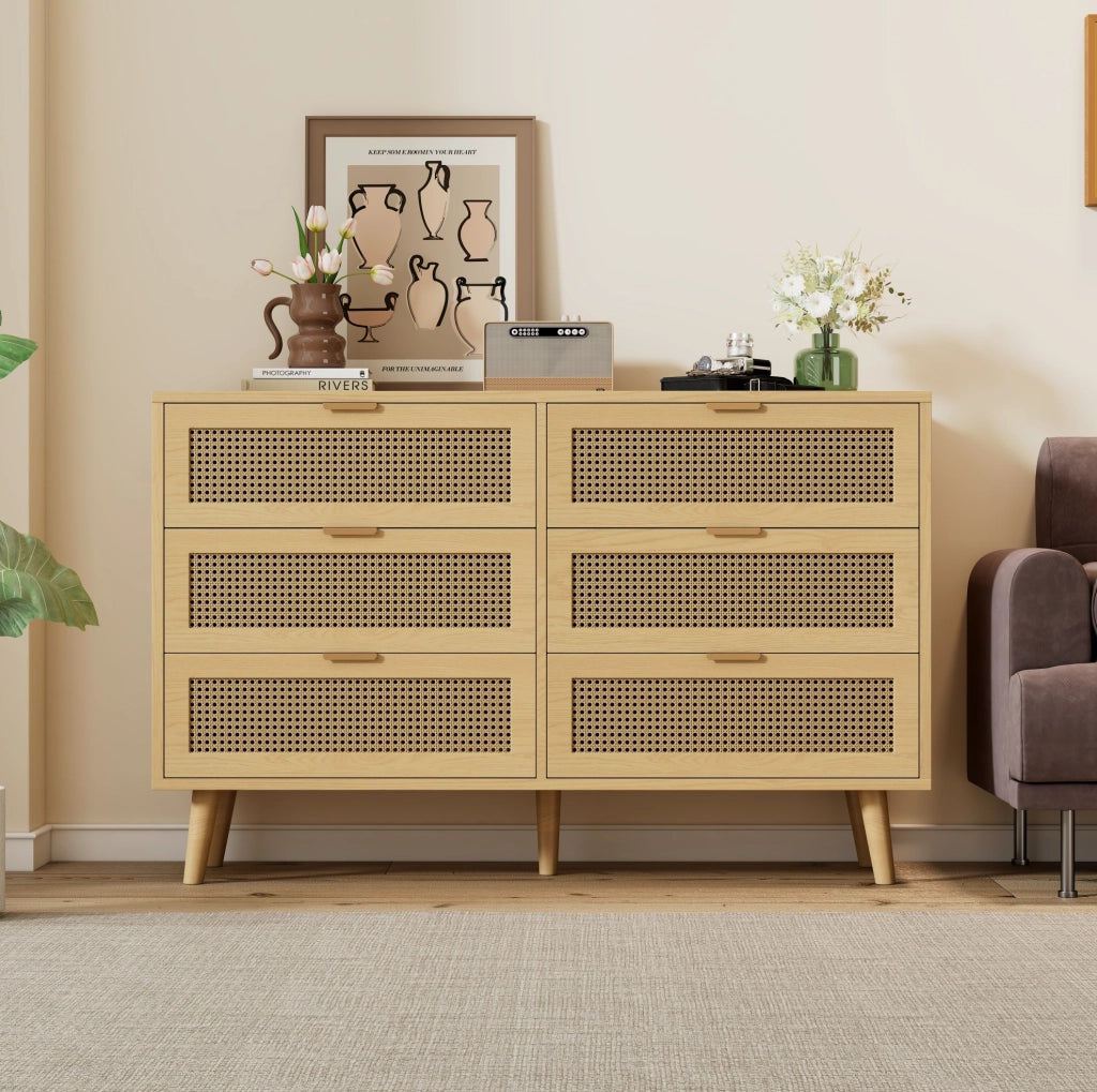 Cassettiera 120x40x76.5 cm con 6 cassetti e maniglie in metallo; in truciolato e legno