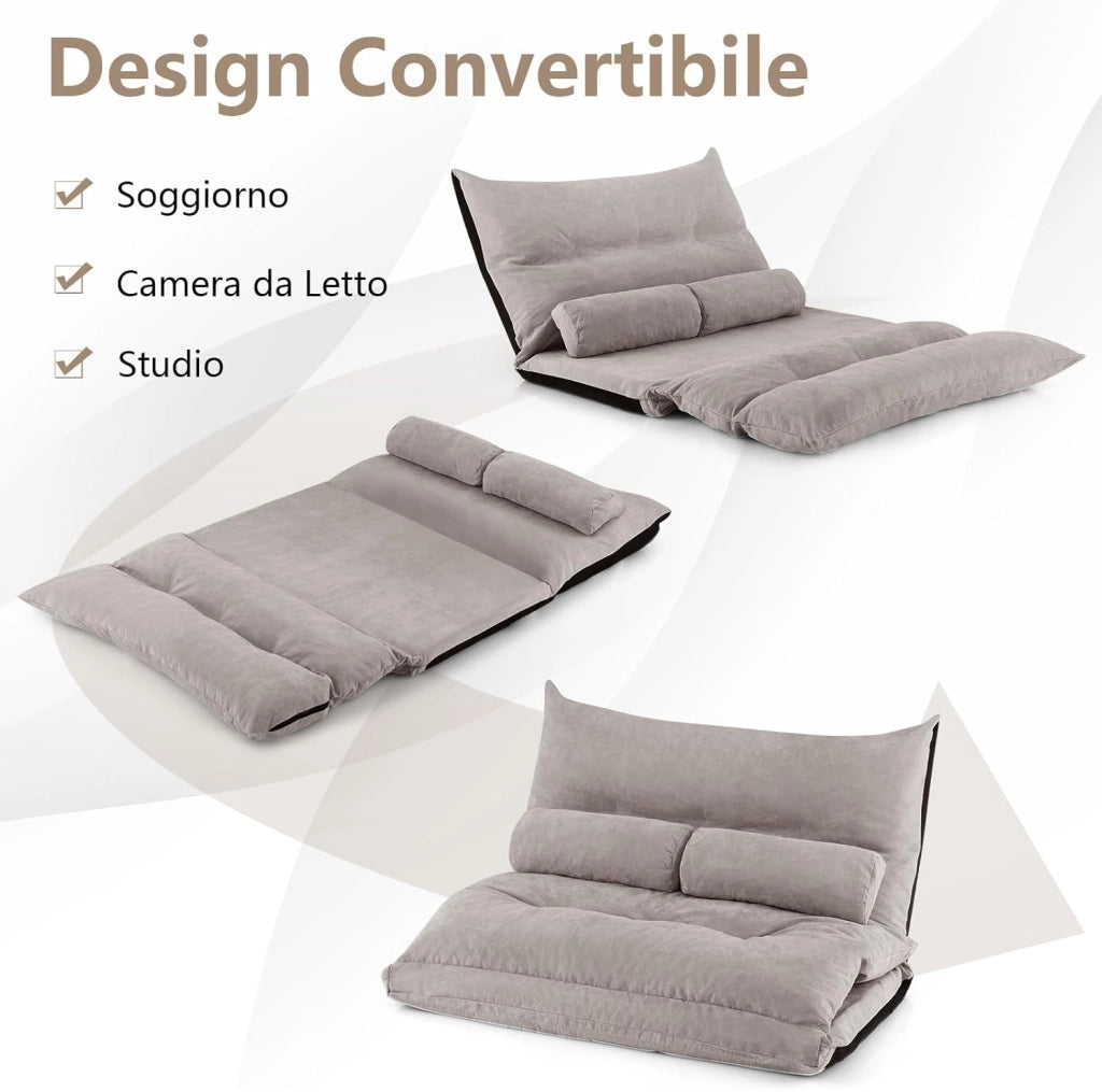 Divano da Terra Pieghevole, Divano Letto 2 Posti con Schienale Regolabile, Divano da Pavimento Trasformabile con 2 Cuscini per Camera da Letto Salone Balcone (Grigio)