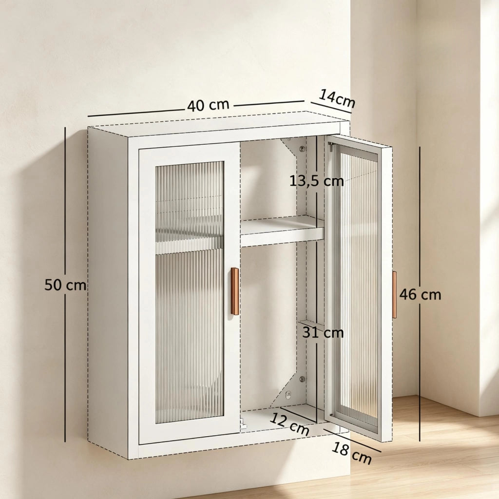 Mobiletto da bagno alto a parete con due ante e ripiano interno regolabile in altezza.