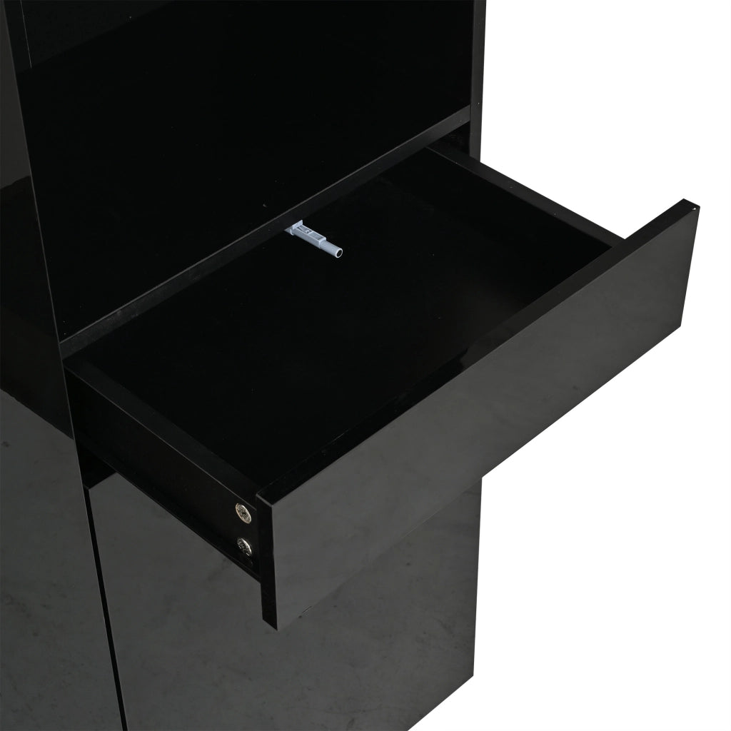 Vetrina con 2 ante e 1 cassetto con LED e ripiani in vetro temperato per soggiorno; 70×35×180 cm; nera