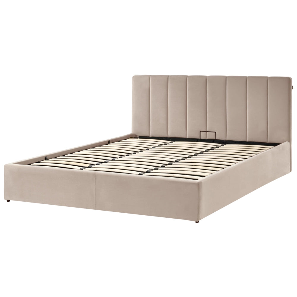 Letto matrimoniale contenitore Rivestimento in velluto beige 180 x 200 cm con testiera a doghe