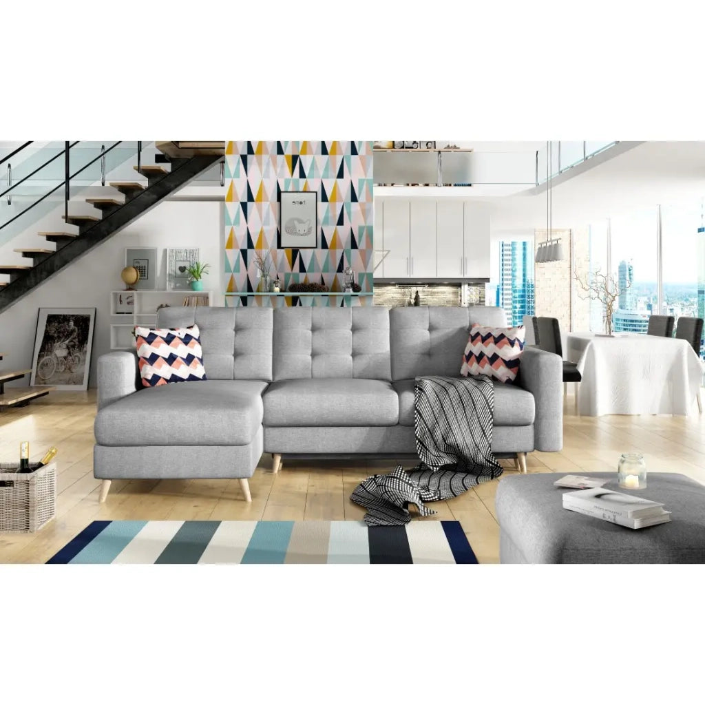 Divano ad angolo convertibile HASGARD 3 posti grigio 248x162 cm - con contenitore e piedi in legno