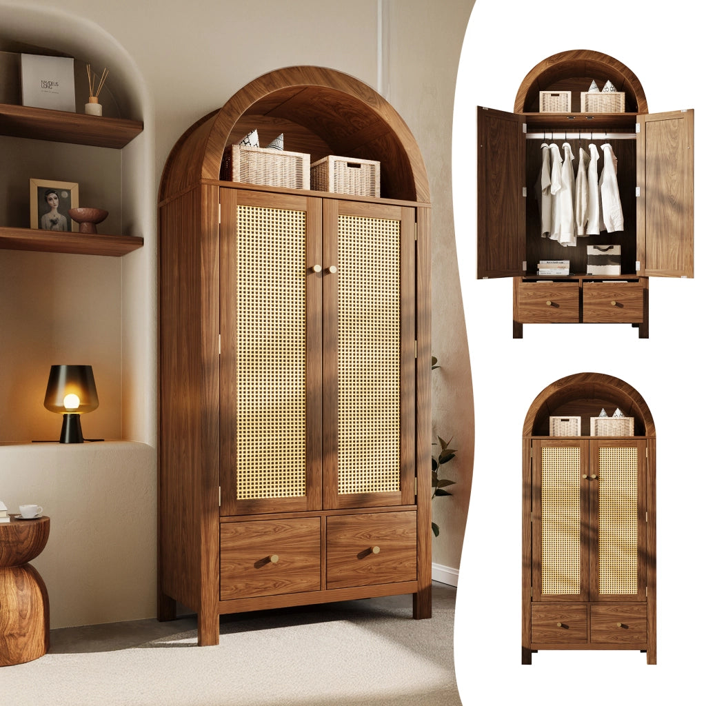 ARMADIO ad arco 181x78x45 cm in effetto noce con intreccio rattan e 2 cassetti