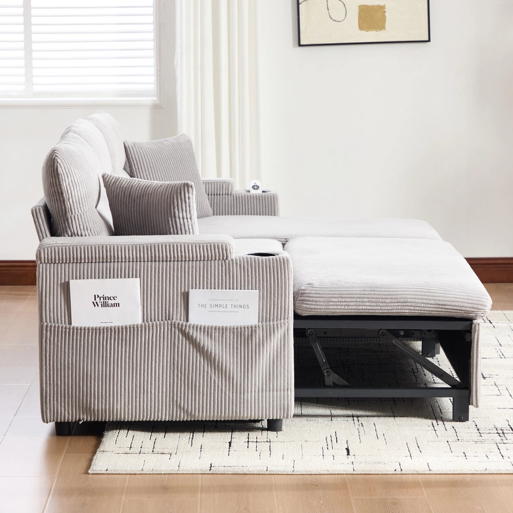 Divano 3 posti in tessuto corduroy con contenitore, USB-C, chaise longue idraulica e letto estraibile