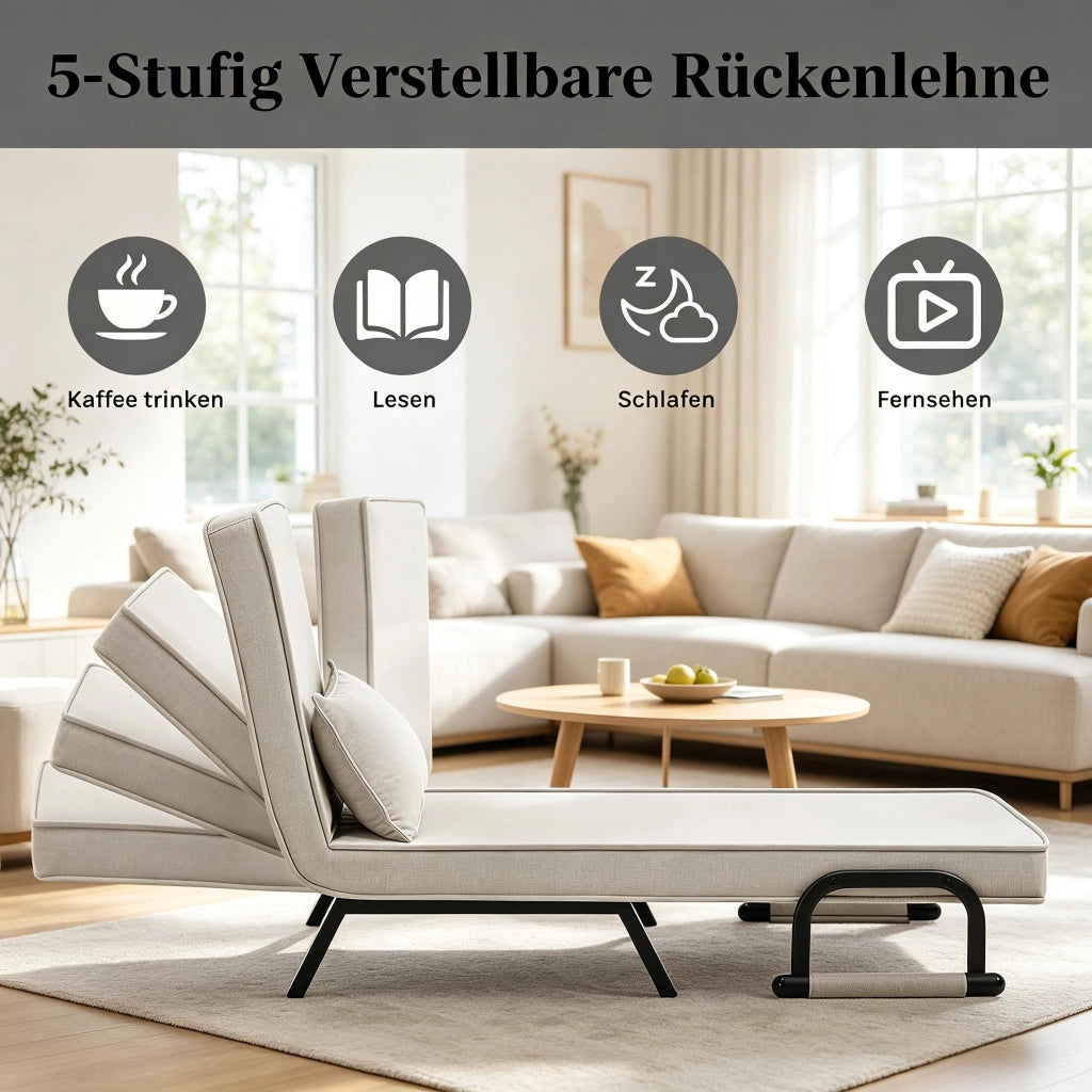 Poltrona letto pieghevole 3 in 1 con schienale regolabile a 5 posizioni, senza materasso, beige per piccoli spazi