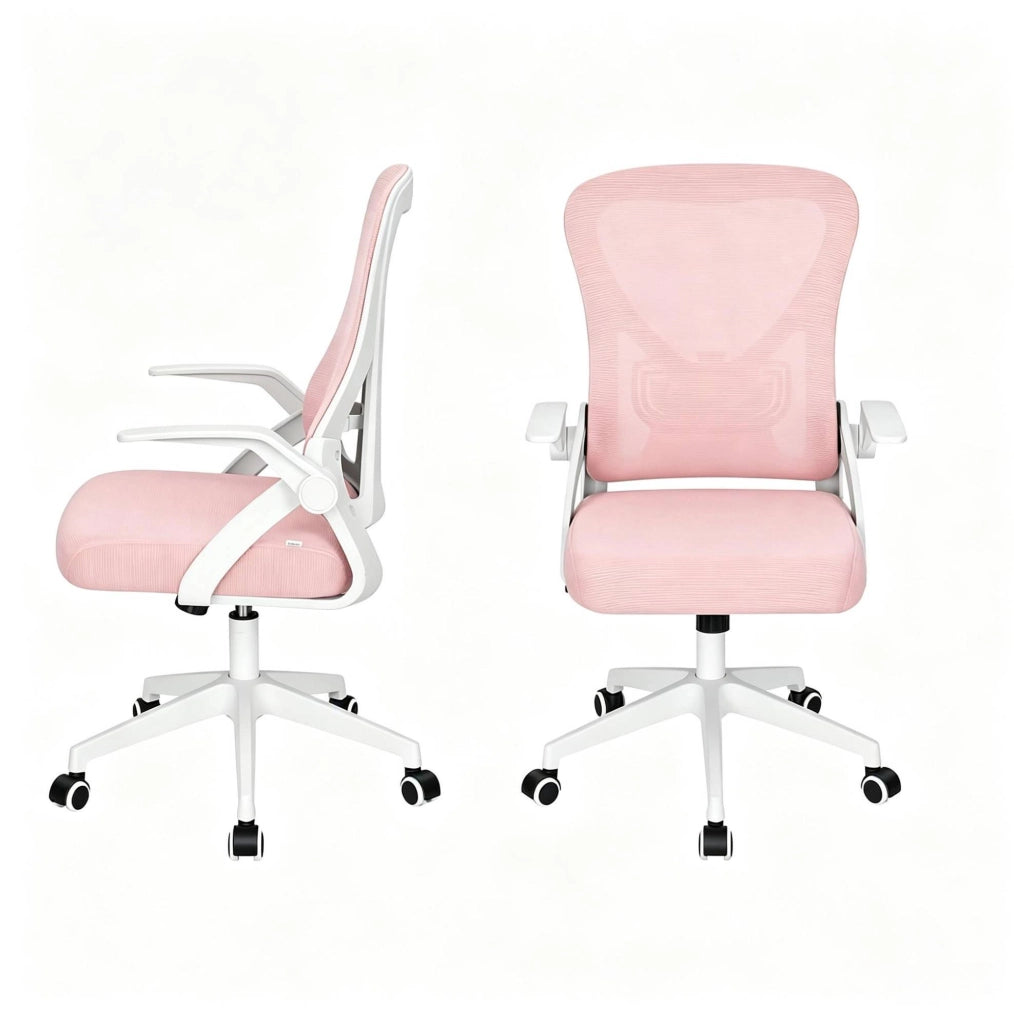 Sedia da ufficio ergonomica rosa girevole con braccioli pieghevoli