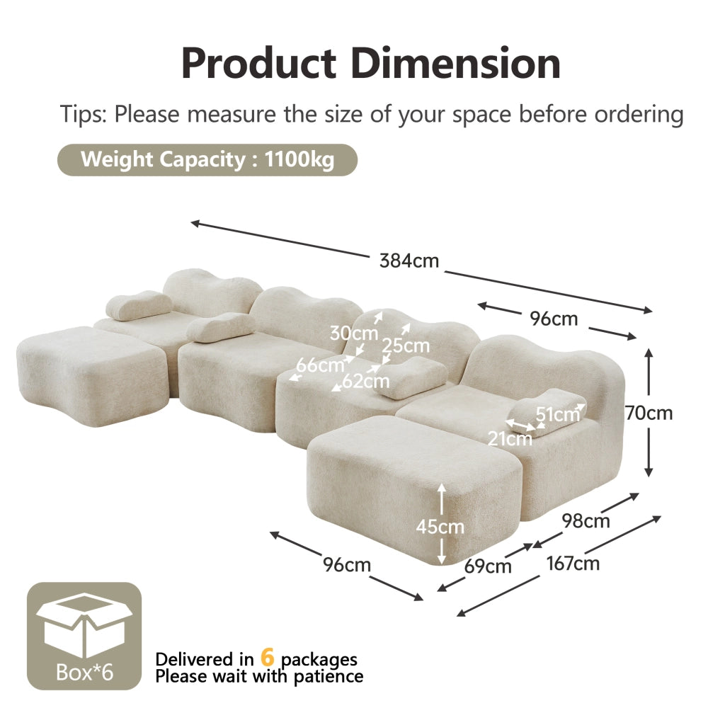 Divano modulare a U 4 posti con 2 pouf design ondulato e cuscino bracciolo mobile in velluto beige 384 × 167 × 70 cm