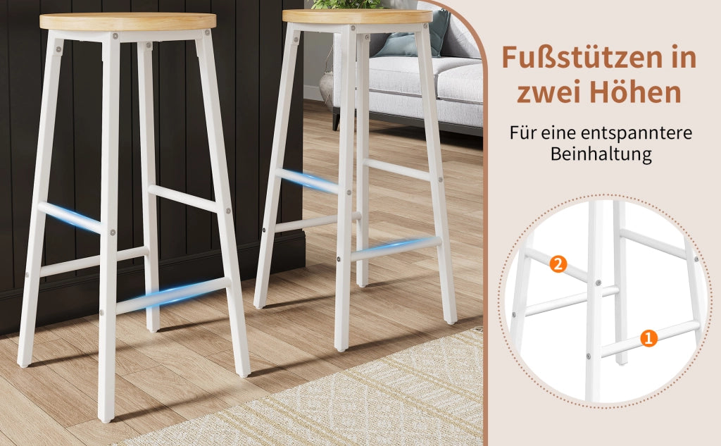 Set 2 sgabelli da bar in MDF effetto legno, struttura in metallo bianco, H 63 cm