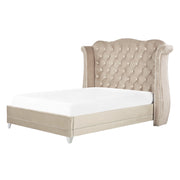 Letto in velluto color beige 140 x 200 cm testiera alta decorata con bottoncini stile retrò e tradizionale