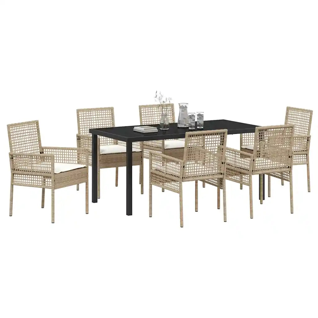 Set da Pranzo per Giardino con cuscino 7 pcs Beige polyrattan