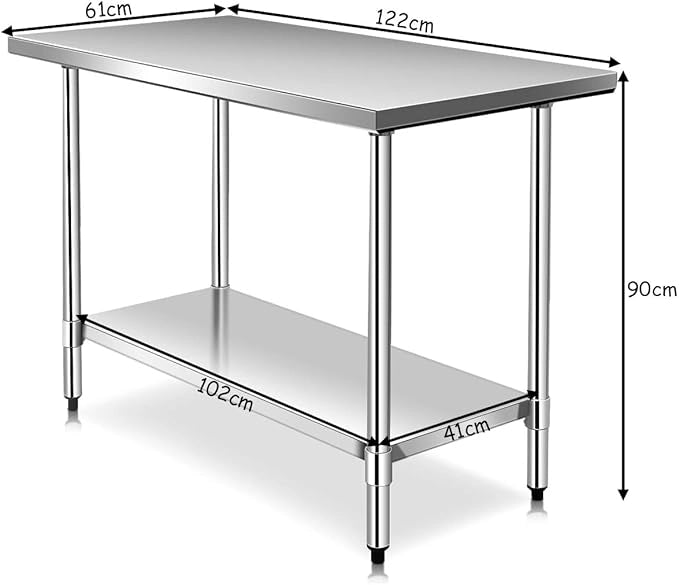 Tavolo da Lavoro in Acciaio Inox 122 x 61 x 90 Professionale, Bancone in Acciaio con Ripiano Regolabile, Mobile con Piano di Lavoro Preparazione di Alimenti, per Cucina e Ristorante