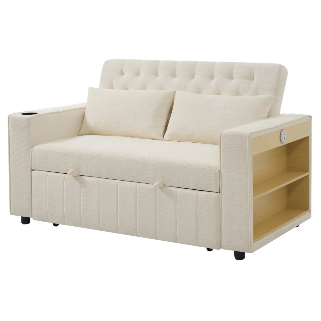 Divano letto 2 posti beige in ciniglia con USB e portabicchieri