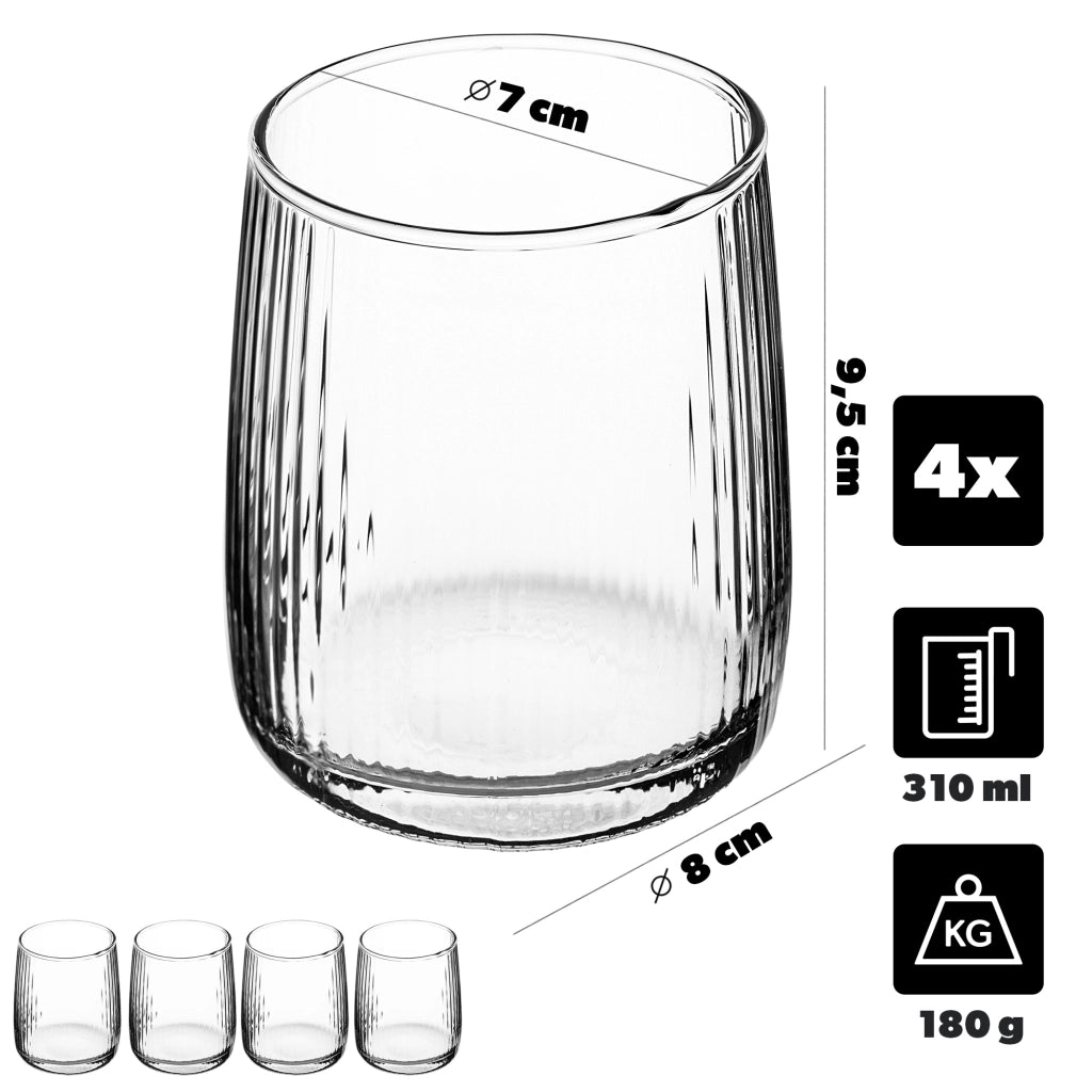 Set di 4 bicchieri da 310 ml per bevande, acqua e succhi di frutta, con superficie scanalata.