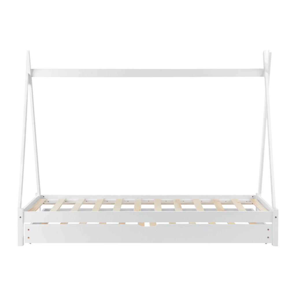 Lettino a Forma di Tenda 90 x 200 cm con Secondo Letto Estraibile 90 x 190 cm Lettino Montessori Lettino Tipi in Legno con 2 Posti Letti - Bianco