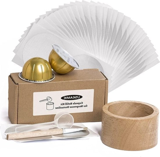 Kit di contenimento per attrezzi - Capsule Nespresso Vertuoline - Sigillanti in alluminio - 100 pezzi - Penna per coperchio - Spazzola di coperchio - Lavoro di scavo