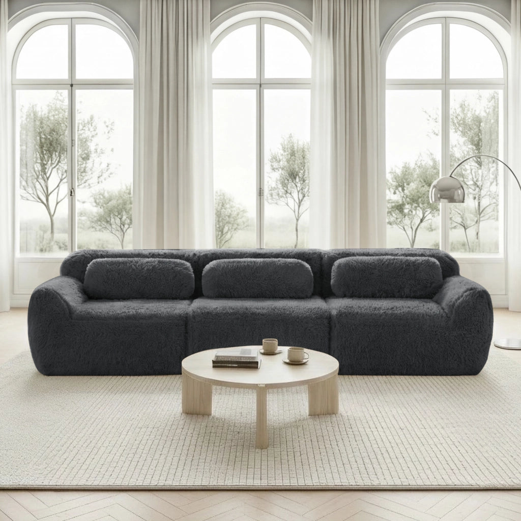 Divano Modulare a 3 Posti con Supporto Ergonomico e Base Antiscivolo; in Peluche; Grigio
