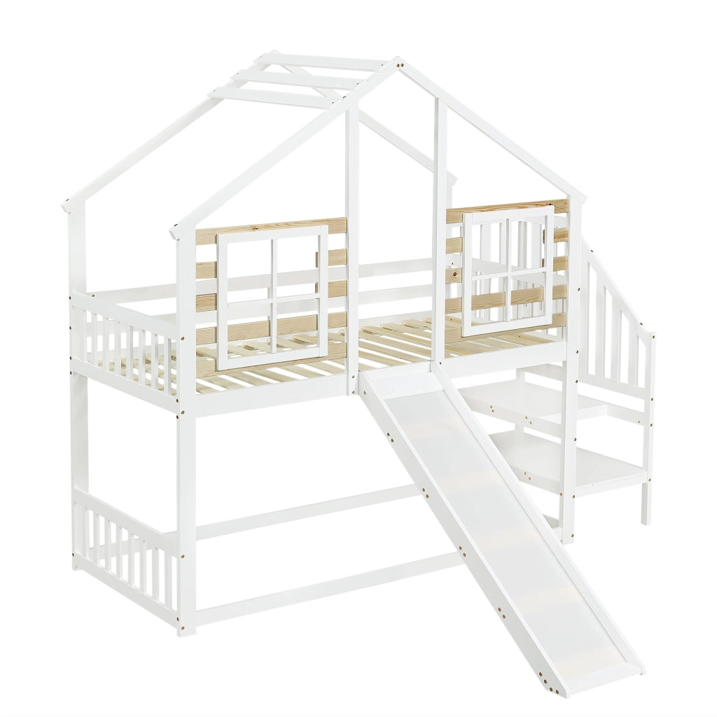 Letto a Castello 90x200 cm; Letto 2 Posti - Con Scala; Scivolo e Finestre - Bianco